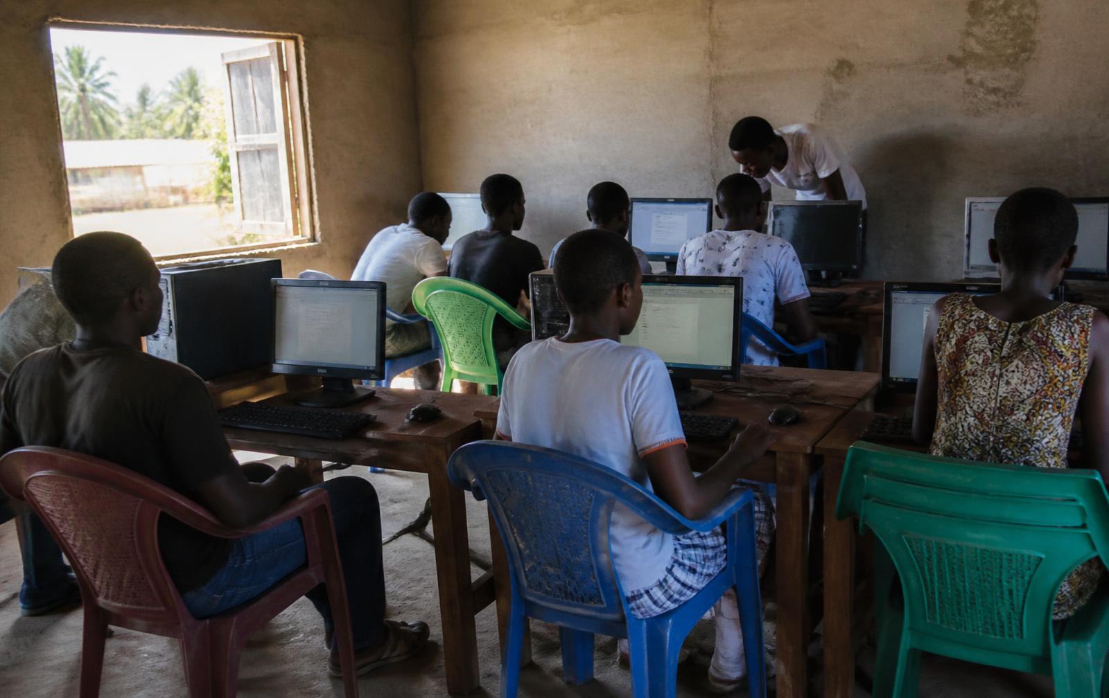 A modest community computer learning room in rural Sierra Leone