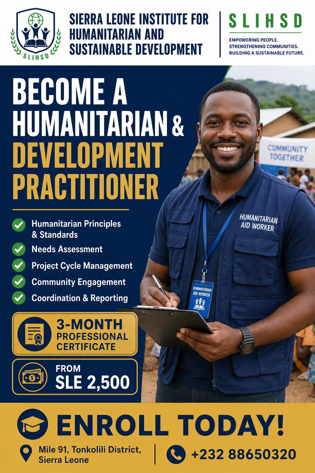 Poster for the SLIHSD Humanitarian and Development Practice certificate