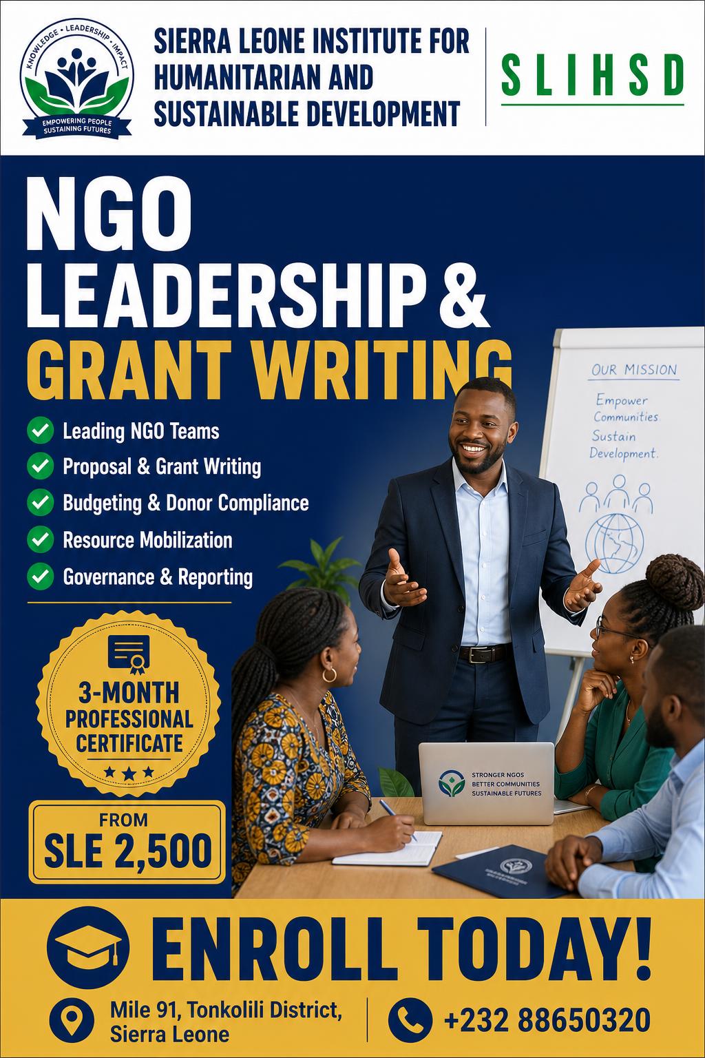 Poster for the SLIHSD NGO Leadership and Grant Writing certificate